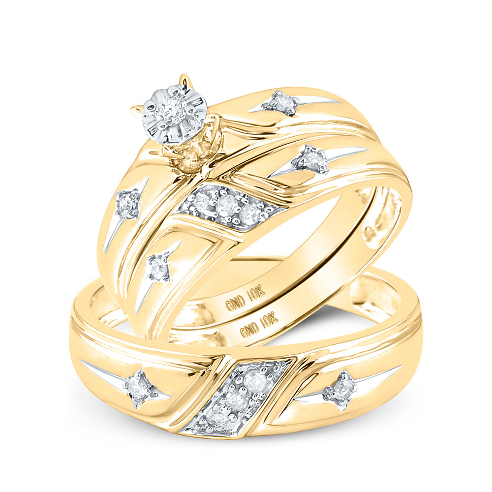 10kt Yellow Gold His Hers Round Diamond Cross Matching Wedding Set 1/5 Cttw
