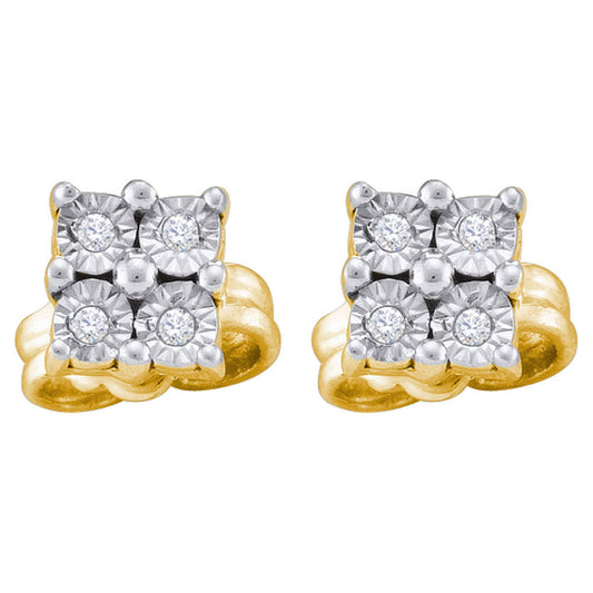 Yellow-tone Sterling Silver Womens Round Diamond Cluster Earrings 1/20 Cttw