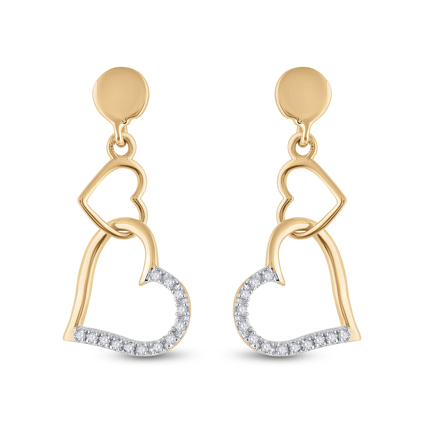 14kt Yellow Gold Womens Round Diamond Heart Dangle Earrings 1/10 Cttw