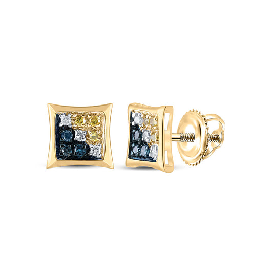 10kt Yellow Gold Mens Round Blue Color Enhanced Diamond Square Kite Earrings 1/20 Cttw