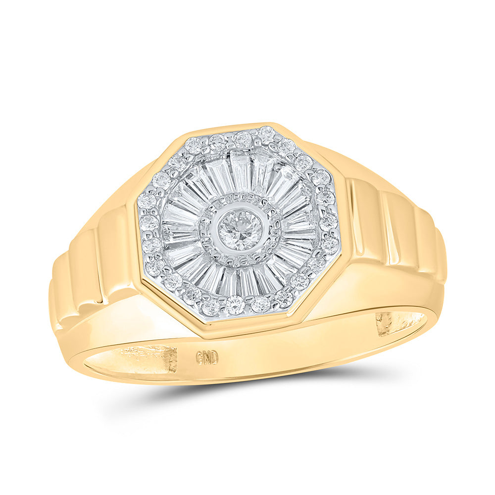 14kt Yellow Gold Mens Round Diamond Two-tone Concave Cluster Ribbed Ring 1/2 Cttw