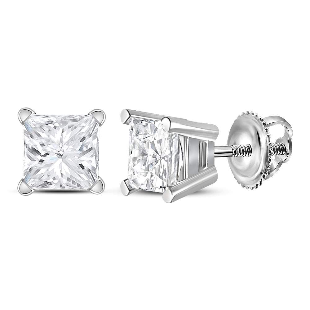 14kt White Gold Unisex Princess Diamond Solitaire Stud Earrings 1 Cttw