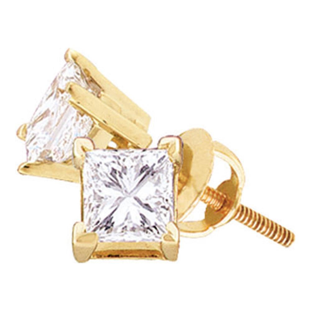 14kt Yellow Gold Unisex Princess Diamond Solitaire Stud Earrings 1 Cttw