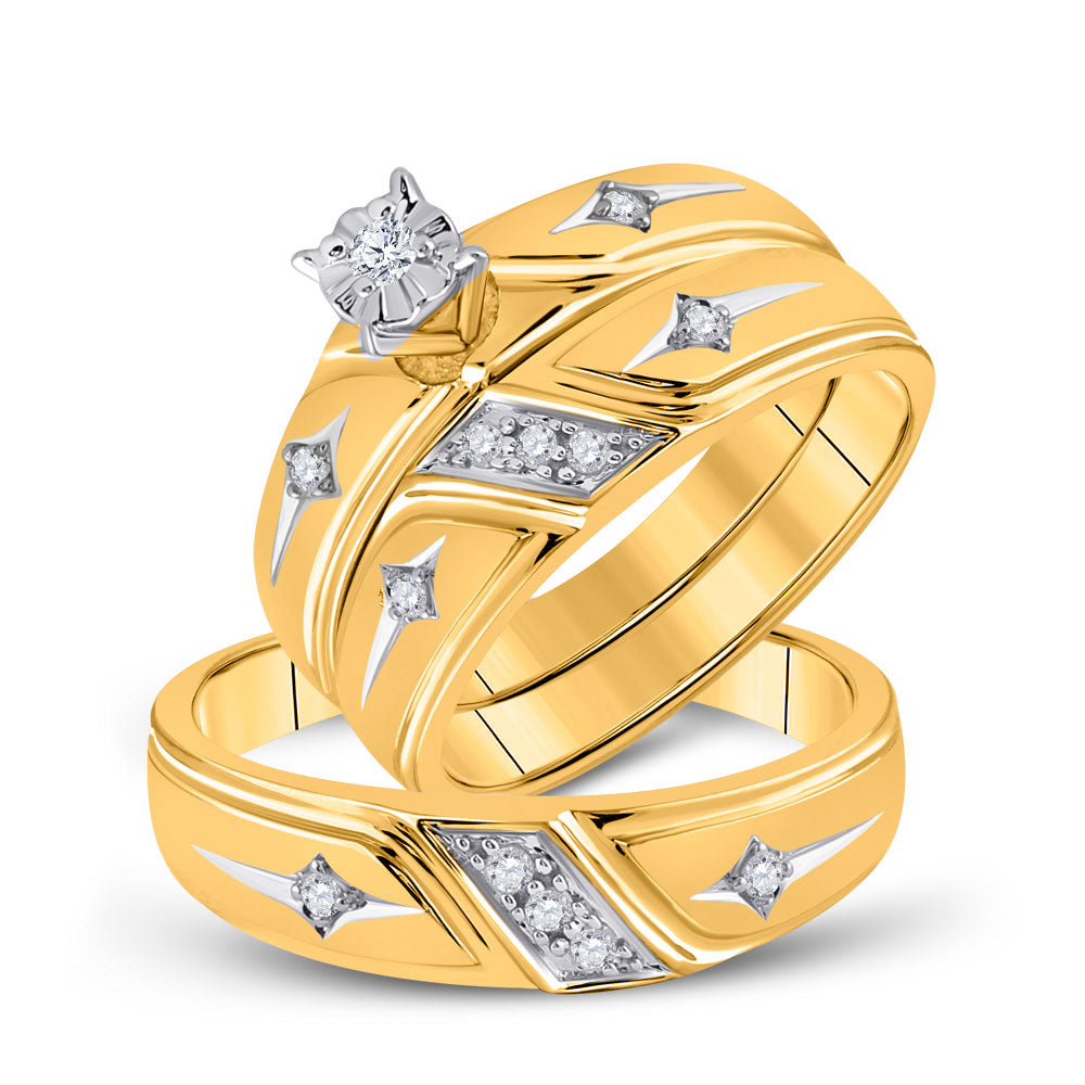14kt Yellow Gold His Hers Round Diamond Cross Matching Wedding Set 1/5 Cttw