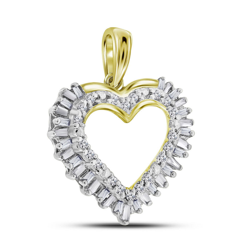 14kt Yellow Gold Womens Round Baguette Diamond Heart Frame Outline Pendant 1/4 Cttw