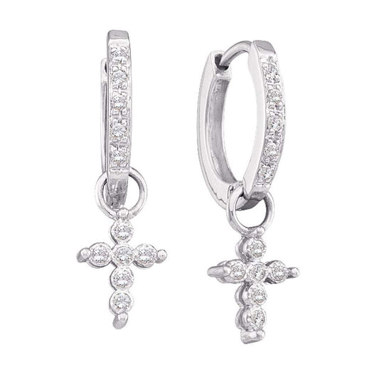 10kt White Gold Womens Round Diamond Cross Hoop Dangle Earrings 1/8 Cttw