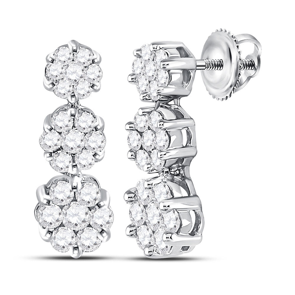 14kt White Gold Womens Round Diamond Triple Vertical Flower Cluster Earrings 1 Cttw