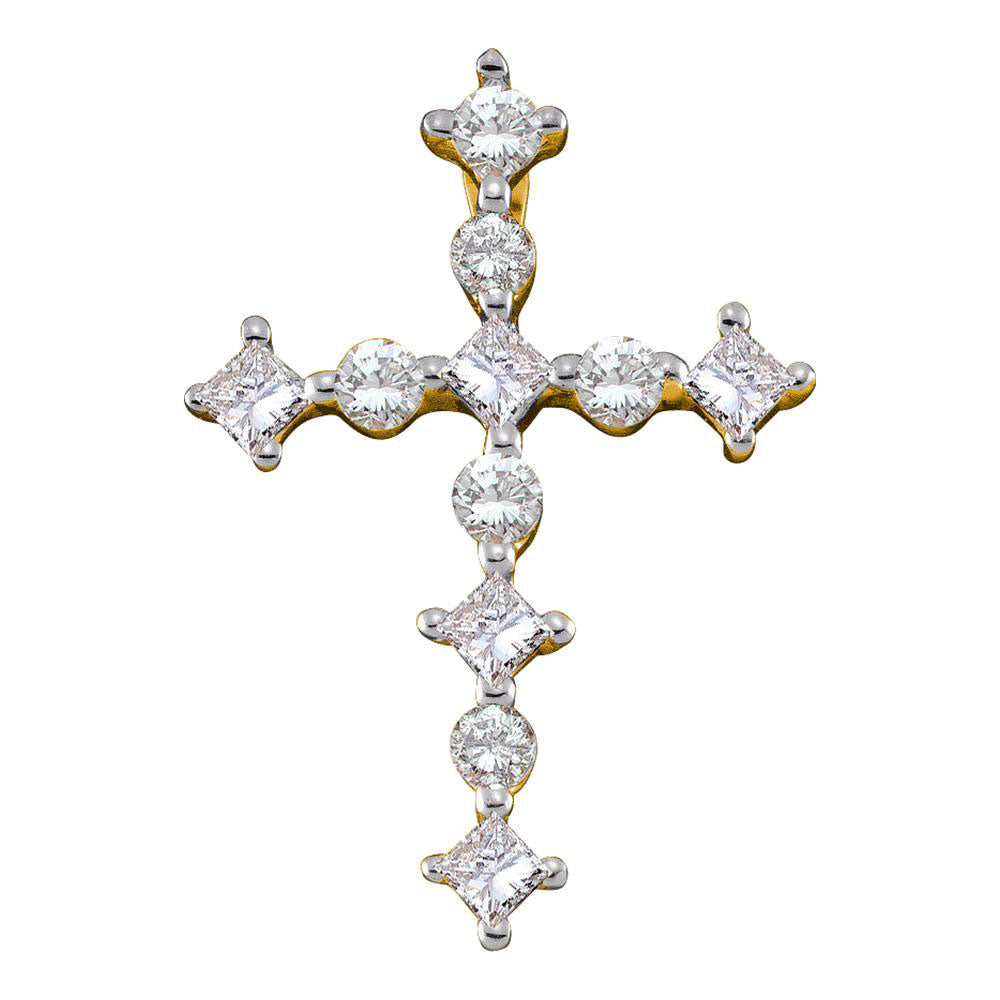 14kt Yellow Gold Womens Princess Round Diamond Cross Religious Pendant 1/2 Cttw