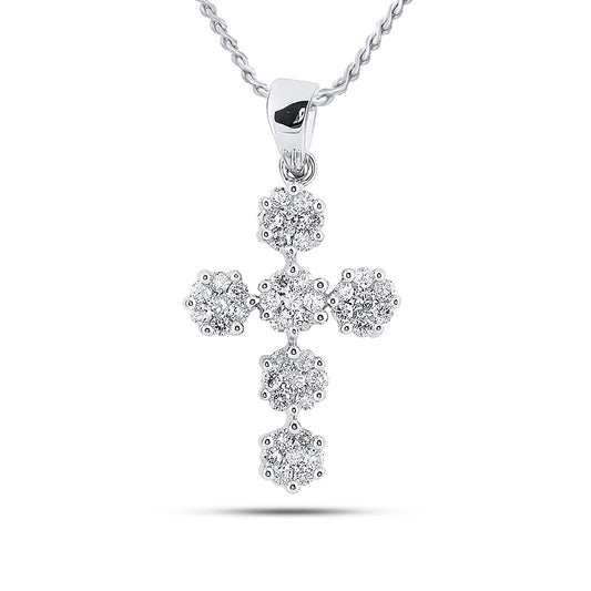 14kt White Gold Womens Round Diamond Cluster Cross Religious Pendant 1/2 Cttw