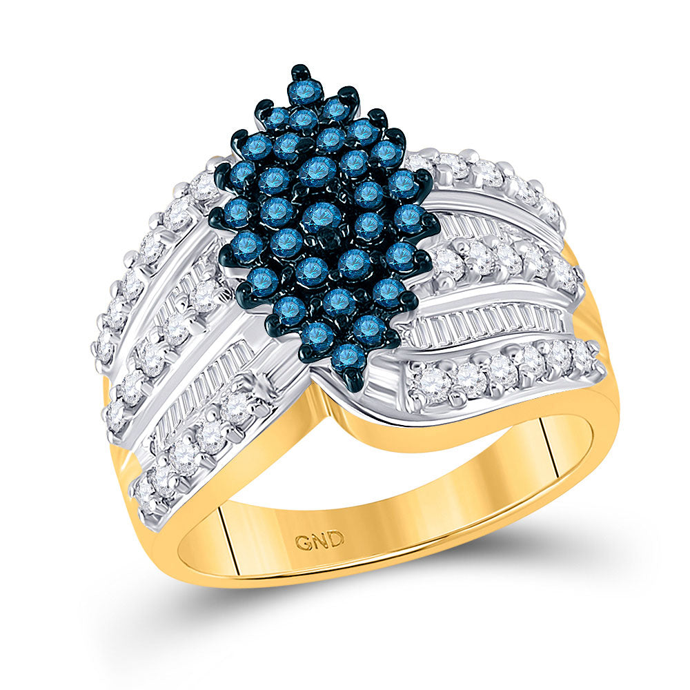 10kt Yellow Gold Womens Round Blue Color Enhanced Diamond Elevated Oval Cluster Ring 1 Cttw