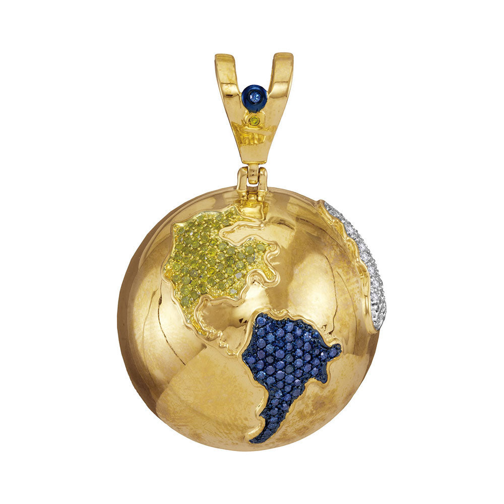 10kt Yellow Gold Mens Round Blue Color Enhanced Diamond Globe Earth Pendant 1 Cttw