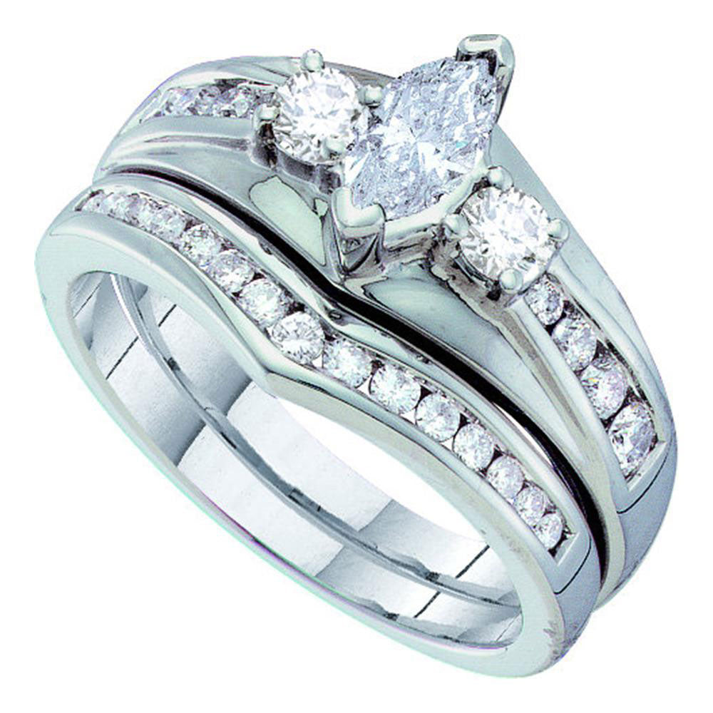 14kt White Gold Marquise Diamond Bridal Wedding Ring Band Set 7/8 Cttw