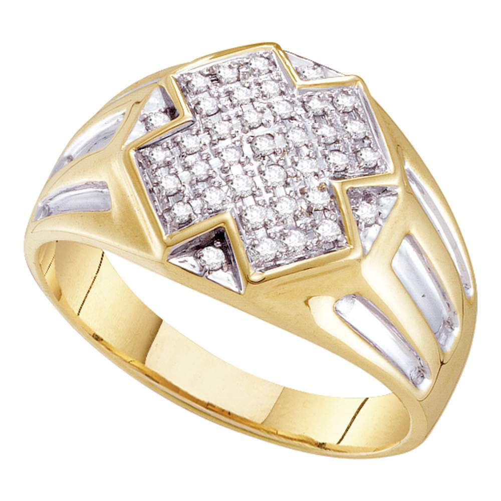 10kt Yellow Two-tone Gold Mens Round Diamond Cross Cluster Ring 1/4 Cttw