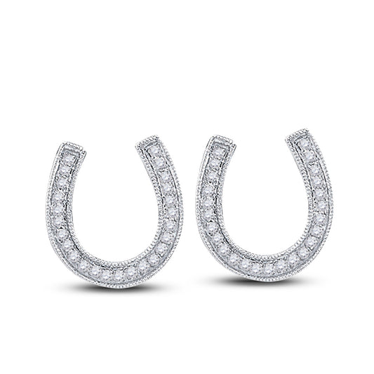 10k White Gold Diamond Womens Horseshoe Lucky Stud Earrings 1/6 Cttw