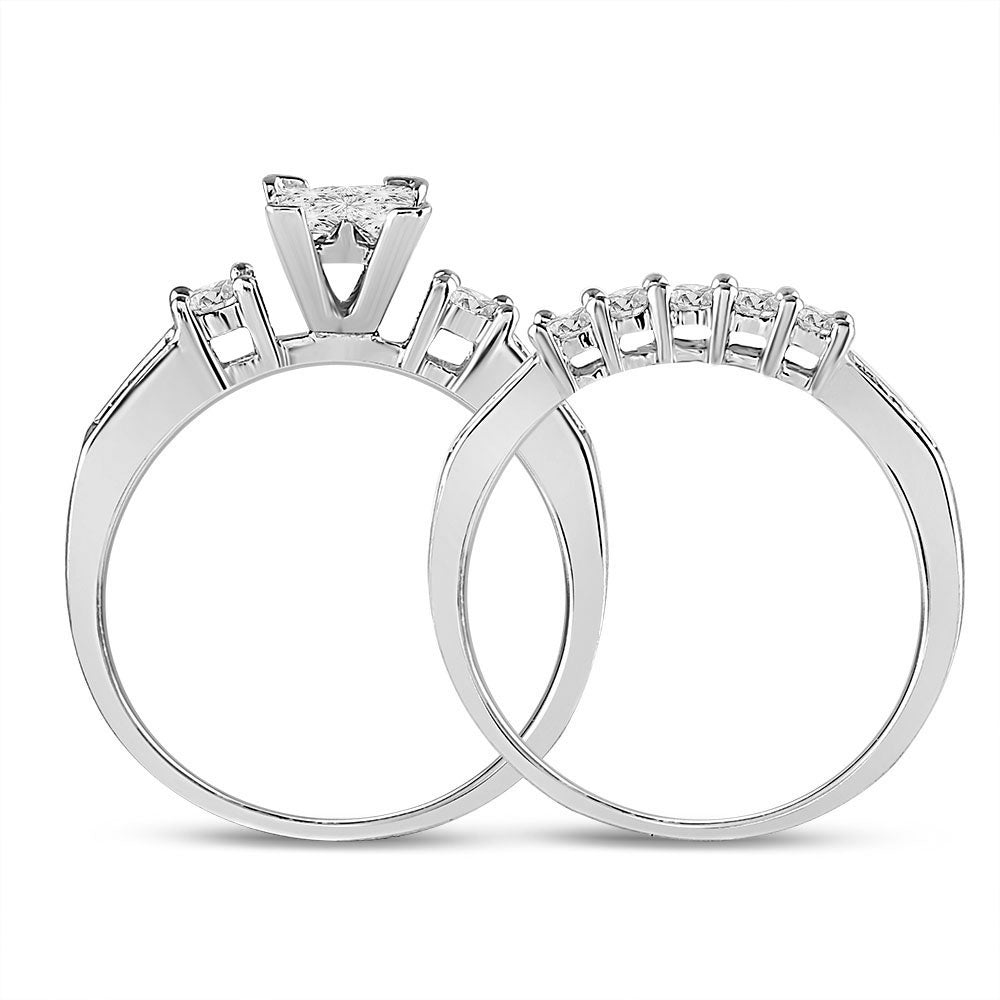 10kt White Gold Womens Princess Diamond Bridal Wedding Ring Band Set 1.00 Cttw
