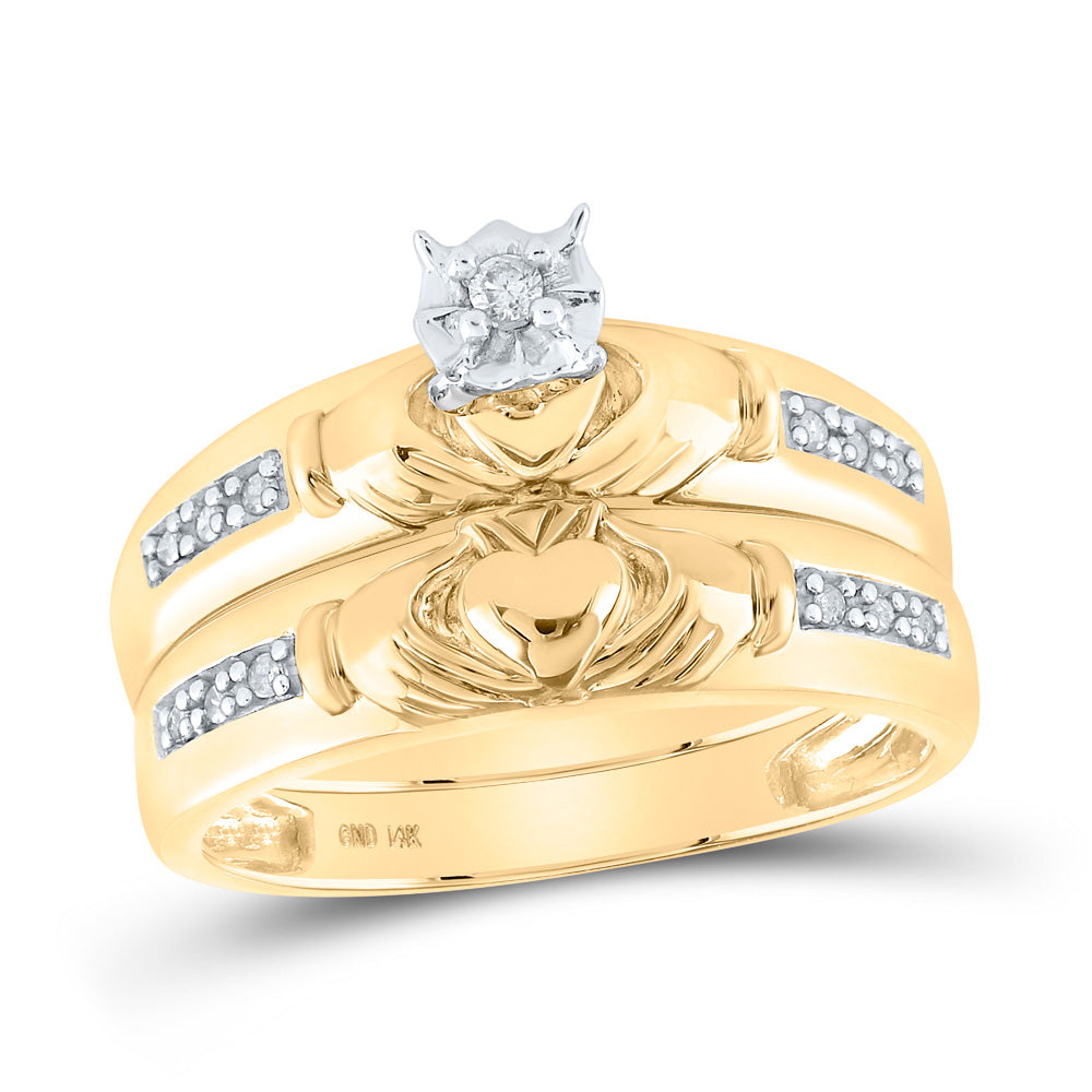 14kt Yellow Gold His Hers Round Diamond Claddagh Matching Wedding Set 1/8 Cttw