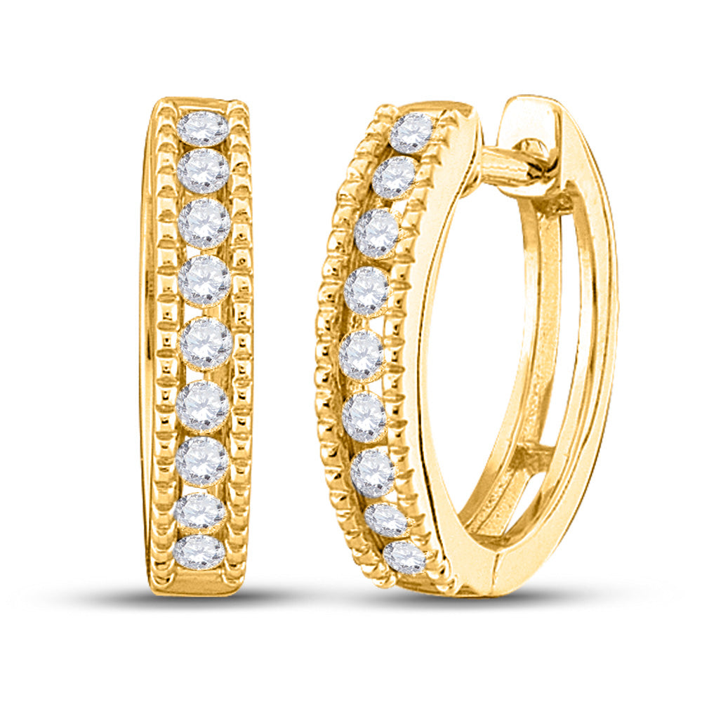 10kt Yellow Gold Womens Round Diamond Milgrain Hoop Earrings 1/4 Cttw