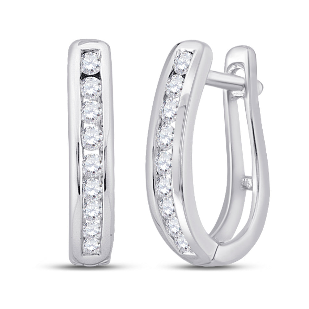 10kt White Gold Womens Round Channel-set Diamond Oblong Hoop Earrings 1/4 Cttw