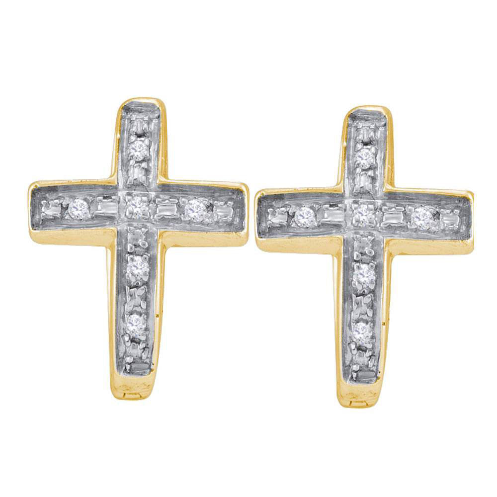 Yellow-tone Sterling Silver Womens Round Diamond Cross Huggie Hoop Earrings 1/20 Cttw