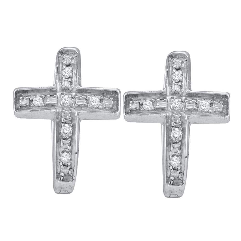 Sterling Silver Womens Round Diamond Cross Huggie Hoop Earrings 1/20 Cttw