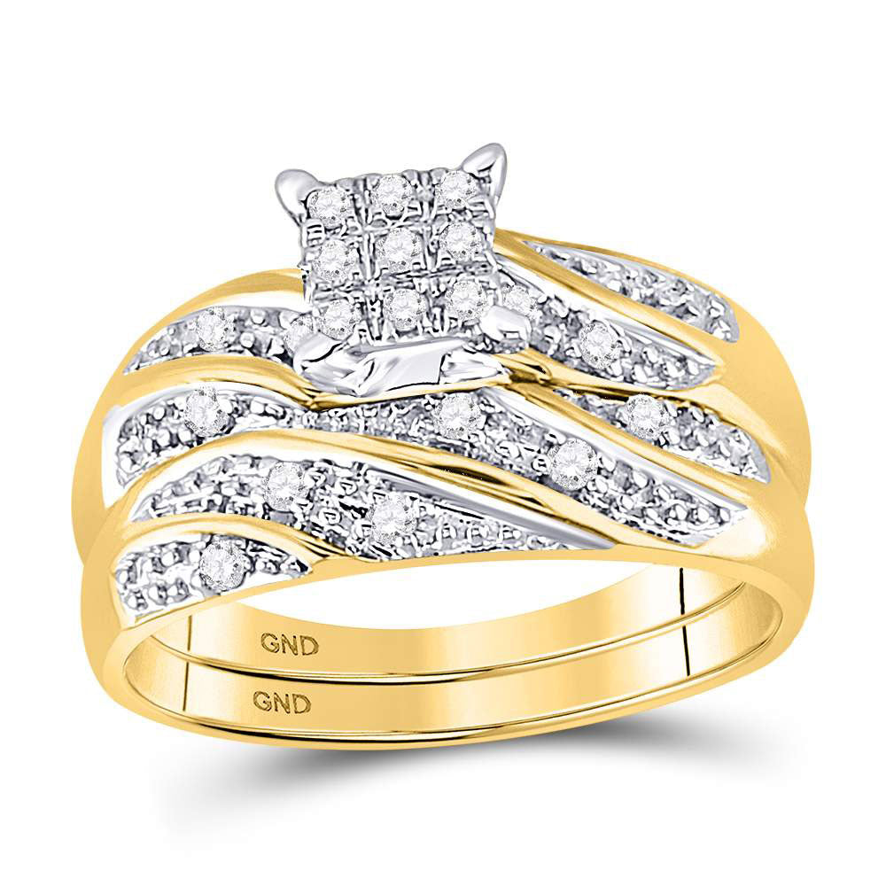 10kt Yellow Gold His Hers Round Diamond Square Matching Wedding Set 1/3 Cttw