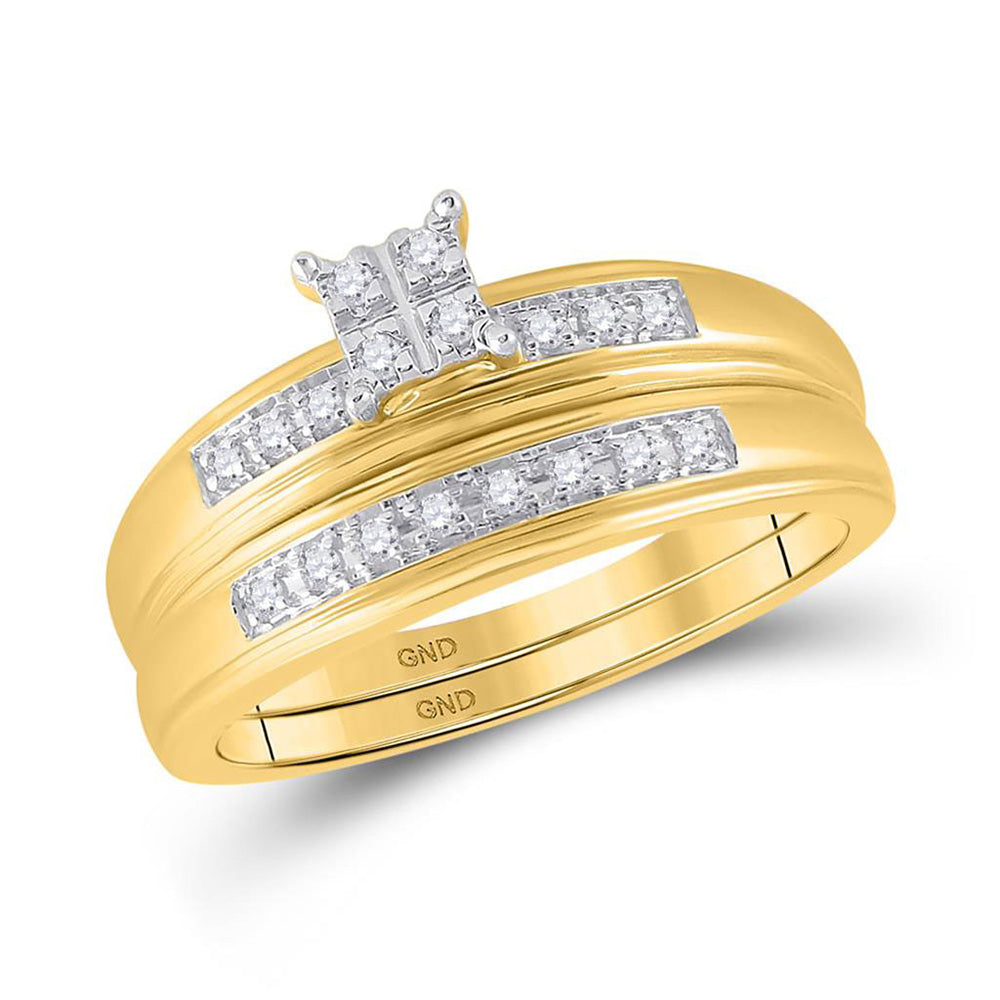 14kt Yellow Gold His Hers Round Diamond Square Matching Wedding Set 1/5 Cttw