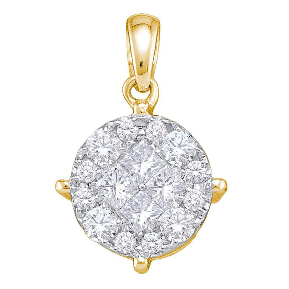 14K White Gold Yellow Princess Round Diamond Cluster Pendant 1 Cttw
