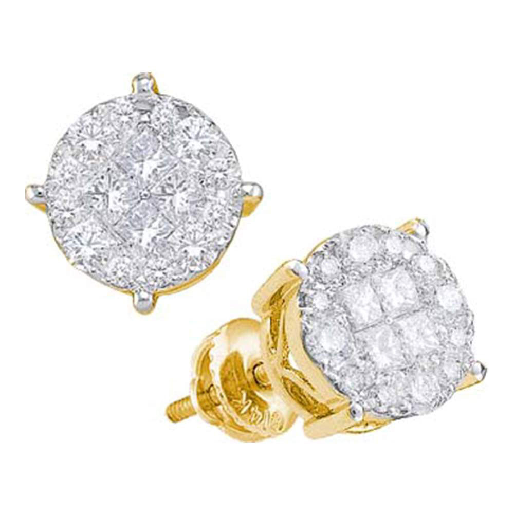 14kt Yellow Gold Womens Princess Round Diamond Cluster Earrings 1 Cttw