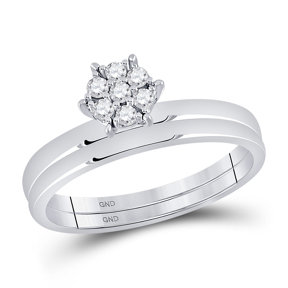 10kt White Gold Round Diamond Cluster Bridal Wedding Ring Band Set 1/6 Cttw