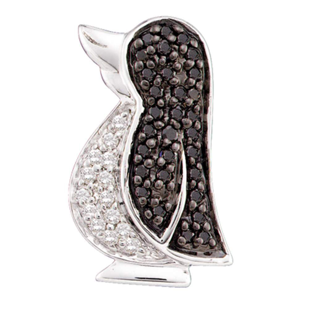 14kt White Gold Womens Round Black Color Enhanced Diamond Penguin Animal Pendant 1/4 Cttw