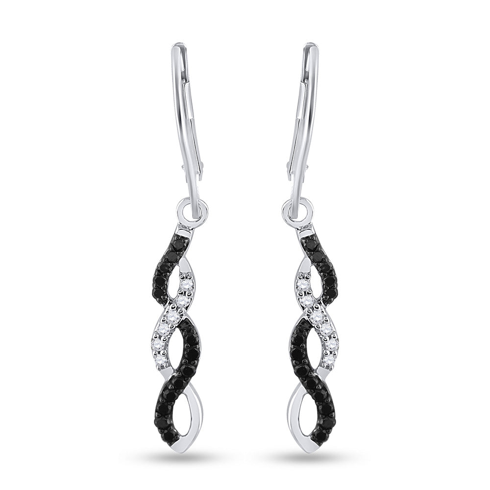 14kt White Gold Womens Round Black Color Enhanced Diamond Twist Dangle Earrings 1/3 Cttw