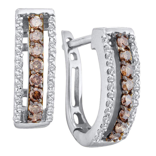 14kt White Gold Womens Round Brown Diamond Triple Row Huggie Earrings 1/2 Cttw