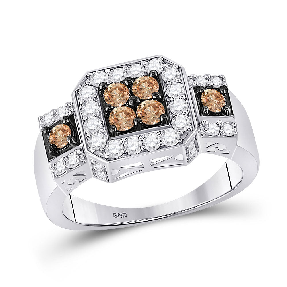 14kt White Gold Womens Round Brown Diamond Cluster Ring 1 Cttw