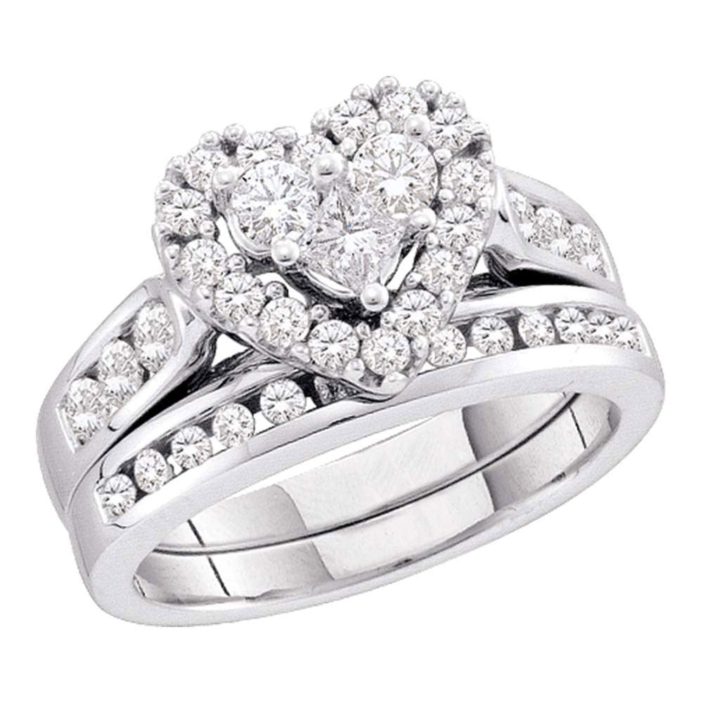 14kt White Gold Princess Diamond Heart Bridal Wedding Ring Band Set 1 Cttw
