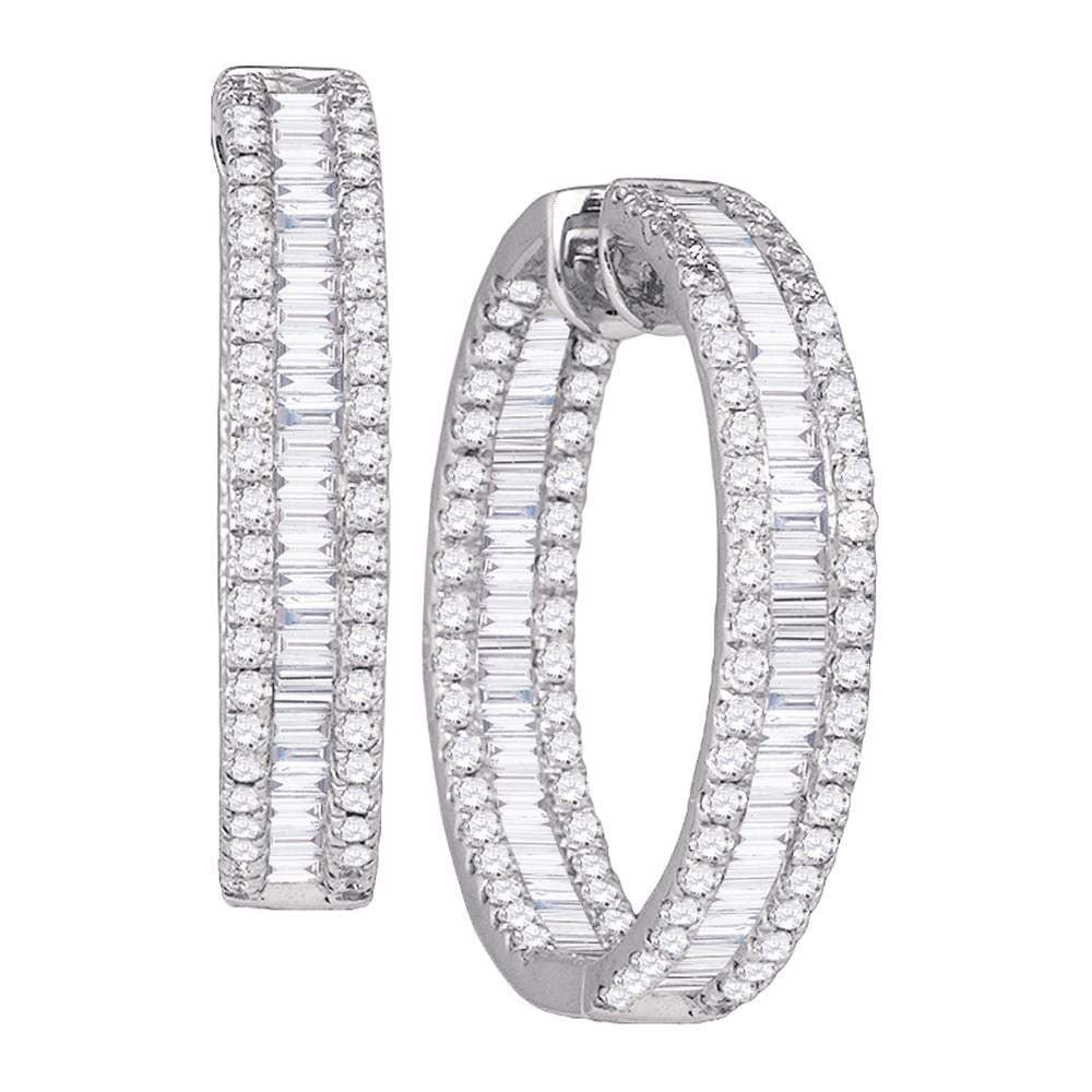 14kt White Gold Womens Baguette Diamond Inside Outside Hoop Earrings 3-1/2 Cttw