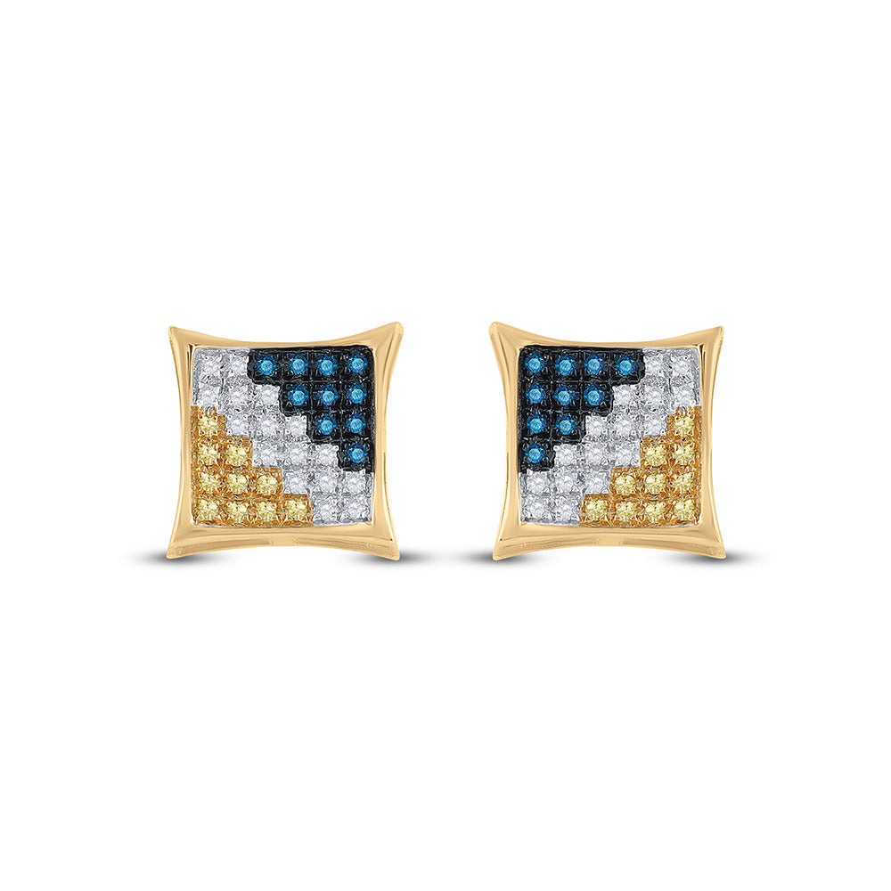 10kt Yellow Gold Mens Round Blue Color Enhanced Diamond Square Kite Cluster Earrings 1/4 Cttw