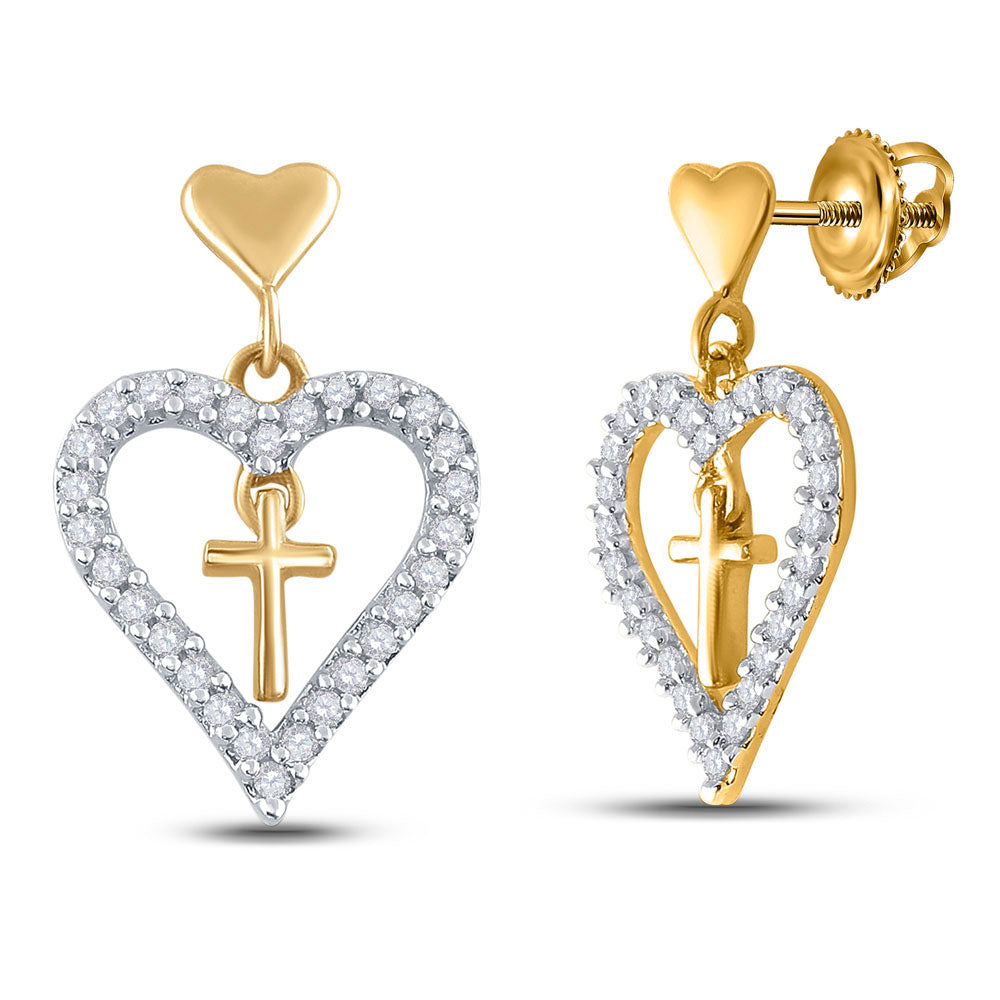 14kt Yellow Gold Womens Round Diamond Heart Cross Dangle Earrings 1/3 Cttw