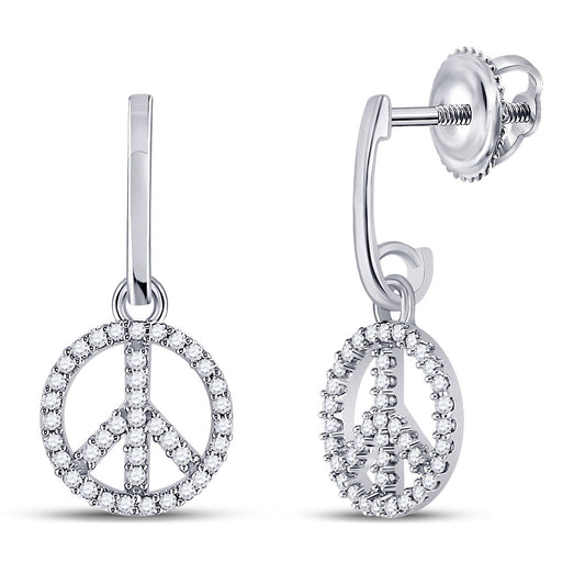 10k White Gold Womens Diamond Peace-sign Dangle Earrings 1/4 Cttw