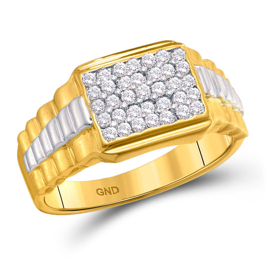 10kt Yellow Gold Mens Round Diamond Rectangle Cluster Ribbed Two-tone Ring 1/2 Cttw