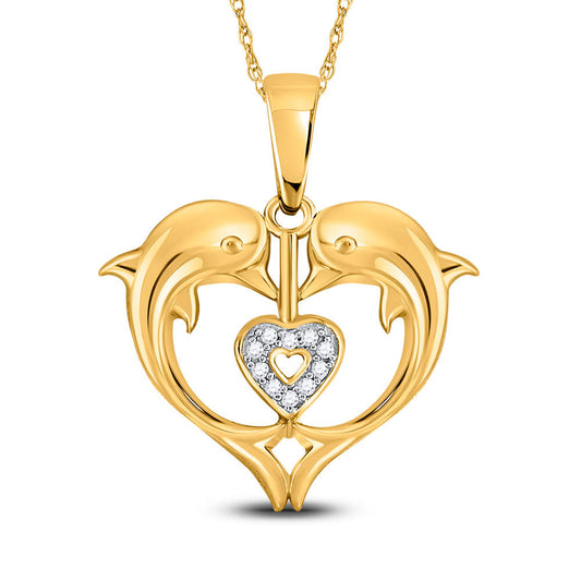 10kt Yellow Gold Womens Round Diamond Double Dolphin Heart Pendant .03 Cttw
