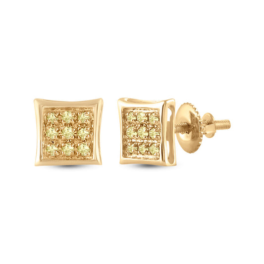 10kt Yellow Gold Mens Round Yellow Color Enhanced Diamond Square Earrings 1/20 Cttw